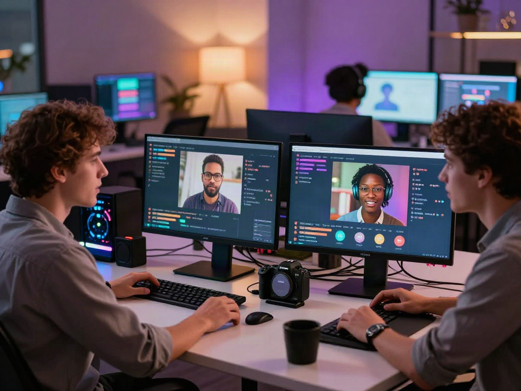 Engaging modern environment showcasing porn chat AI interactions between diverse individuals at tech workstations.
