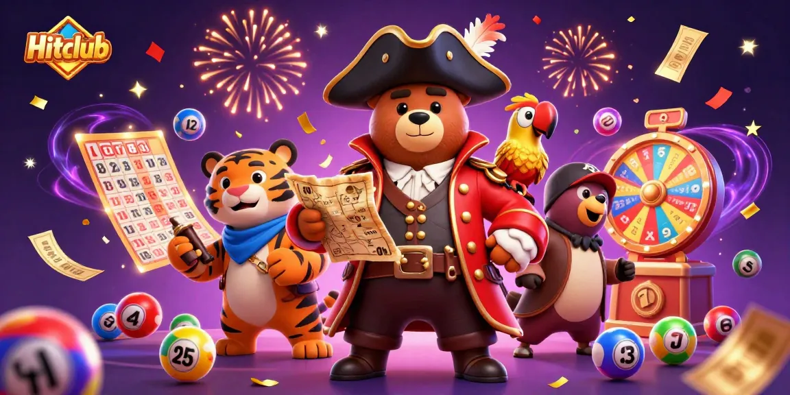 Hitclub showcases a vibrant 3D scene filled with lottery balls, a spinning prize wheel, and charismatic characters depicting thrilling betting.