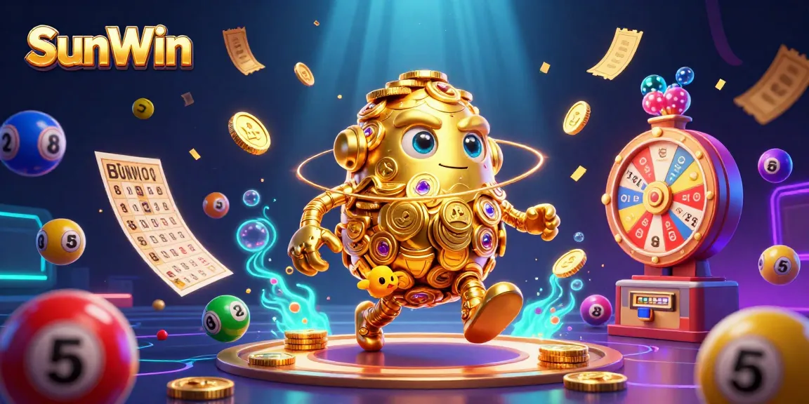 SunWin entices players with its golden golem and vibrant gaming icons, showcasing thrilling lottery and casino elements.