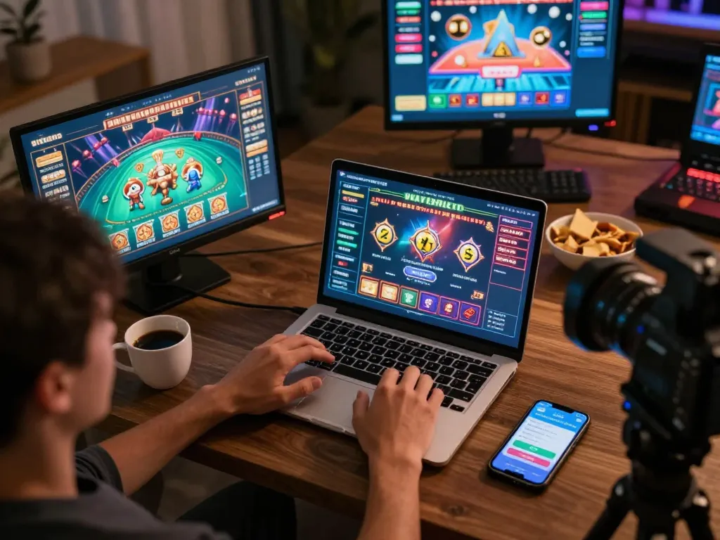 Engaging online gaming scene showcasing a person playing on their laptop at trang chủ tg88, highlighting a cozy setup and gaming interface.