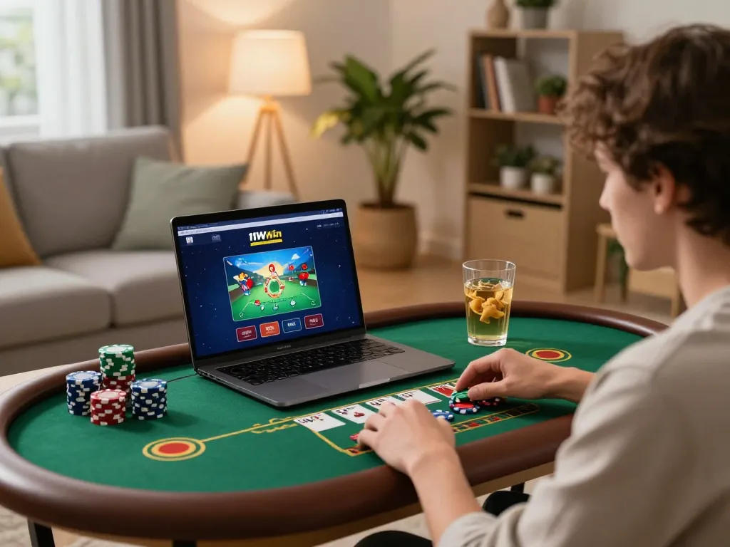 Engaging in online gambling at https://11win.plus/ with cozy setup showcasing a laptop and snacks.