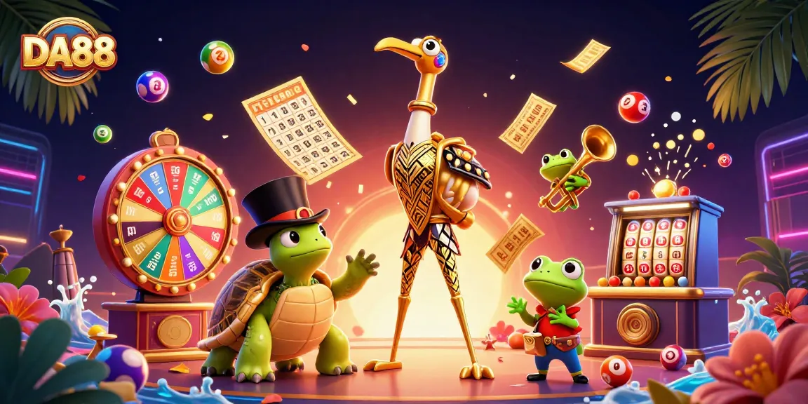 Join the excitement at DA88 with vibrant lottery balls and fun casino characters in a lively scene.