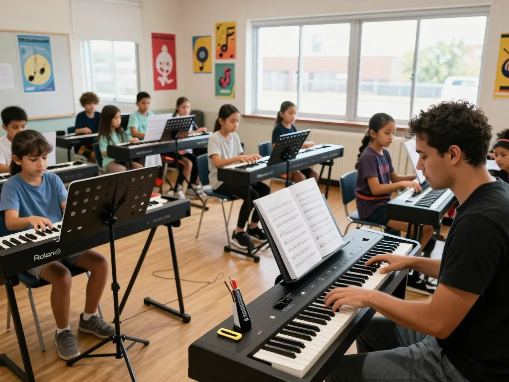 Engaged learners playing go 88 pianos in a vibrant music classroom.