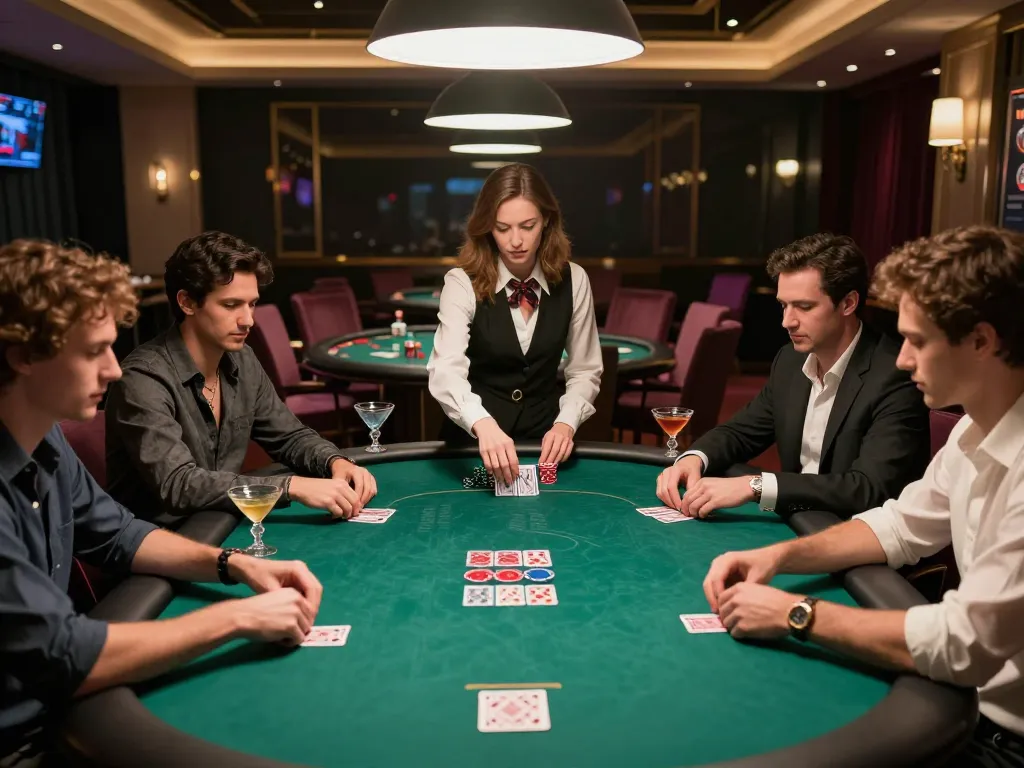 Poker players engaged in an intense game at 98 win casino table, showcasing strategy and excitement.