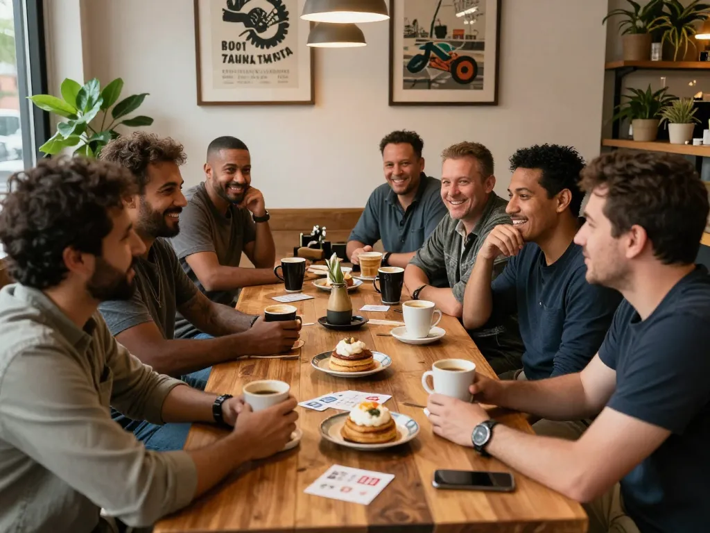 Men club gathering at café sharing stories and laughter over coffee.
