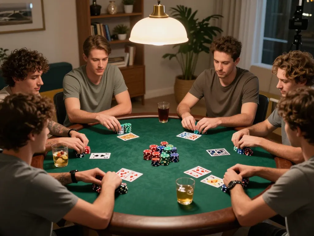 Friends enjoying a relaxed poker night at home, analyzing their hands while playing Texas Hold'em, debet strategy in focus.