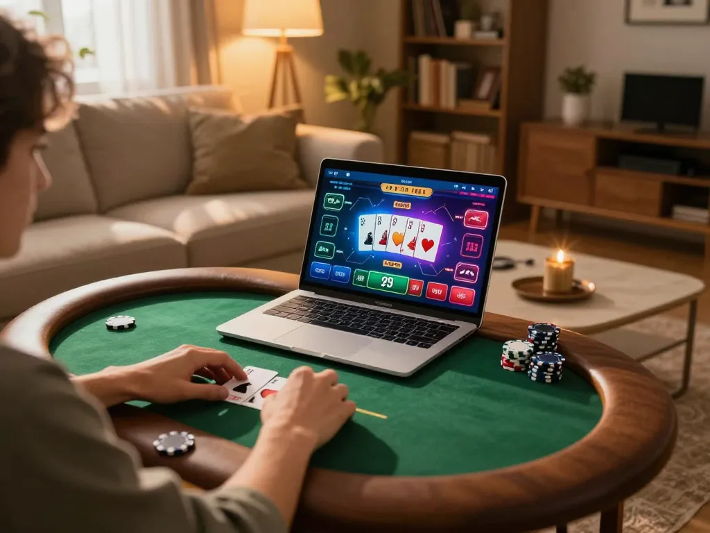 Online casino gaming with nhà cái Net88 featuring poker gameplay in a cozy home setting.