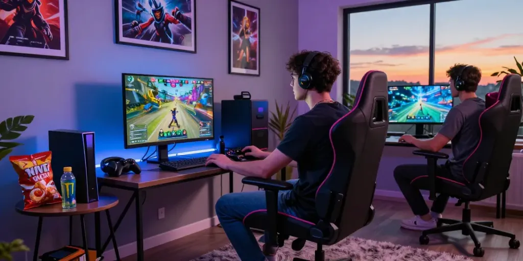 Gamer immersed in action at rokok88 gaming setup, vibrant atmosphere with RGB lighting.