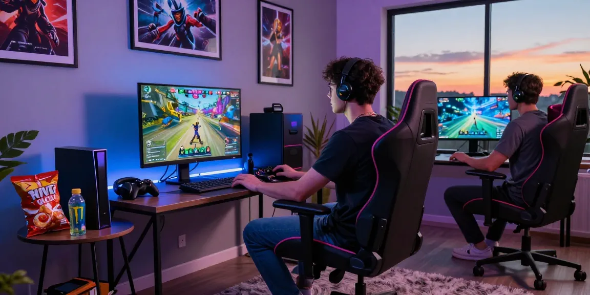 Gamer immersed in action at rokok88 gaming setup, vibrant atmosphere with RGB lighting.