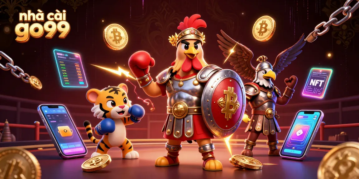 Experience the thrill at nhà cái go99 with a digital betting arena, highlighted by a gladiator rooster and crypto elements.