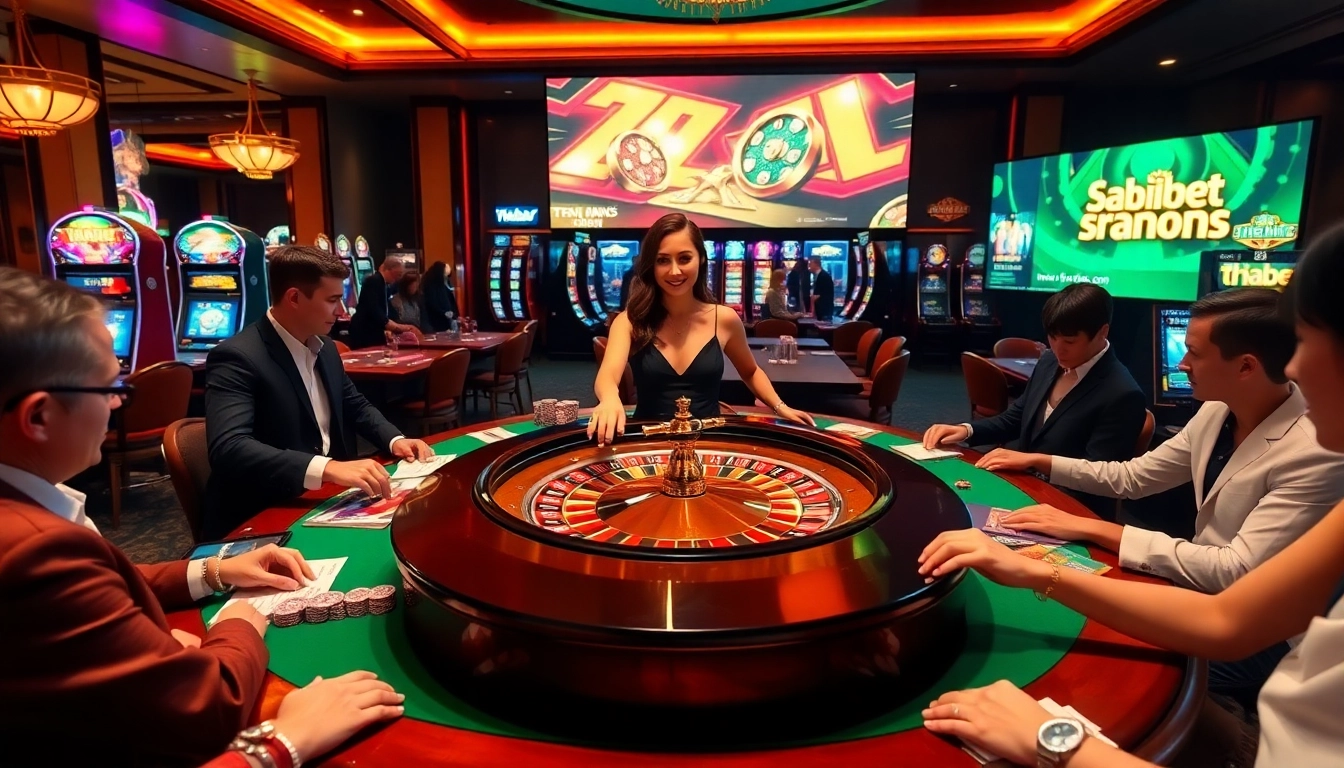 A vibrant casino scene featuring thabet.com promotions with players engaging at a roulette table, surrounded by colorful slot machines.