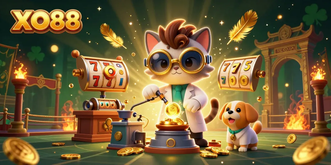 Play vibrant slot games on XO88 while enjoying an ultra-detailed casino scene with lively characters.
