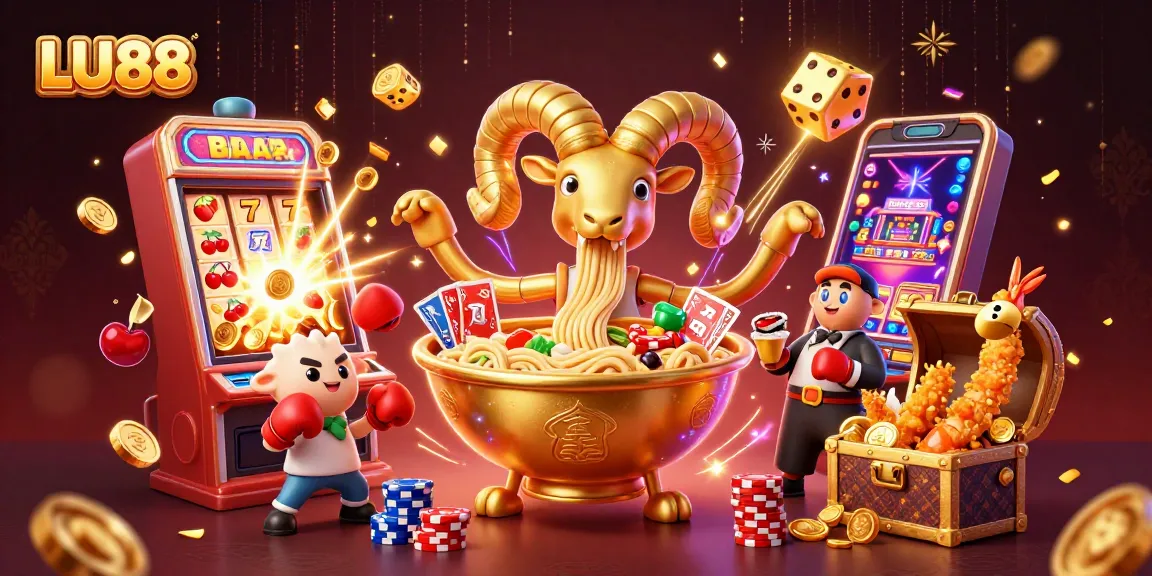 LU88's vibrant online casino scene features a golden ramen bowl character triumphantly dealing cards among rich gaming elements.