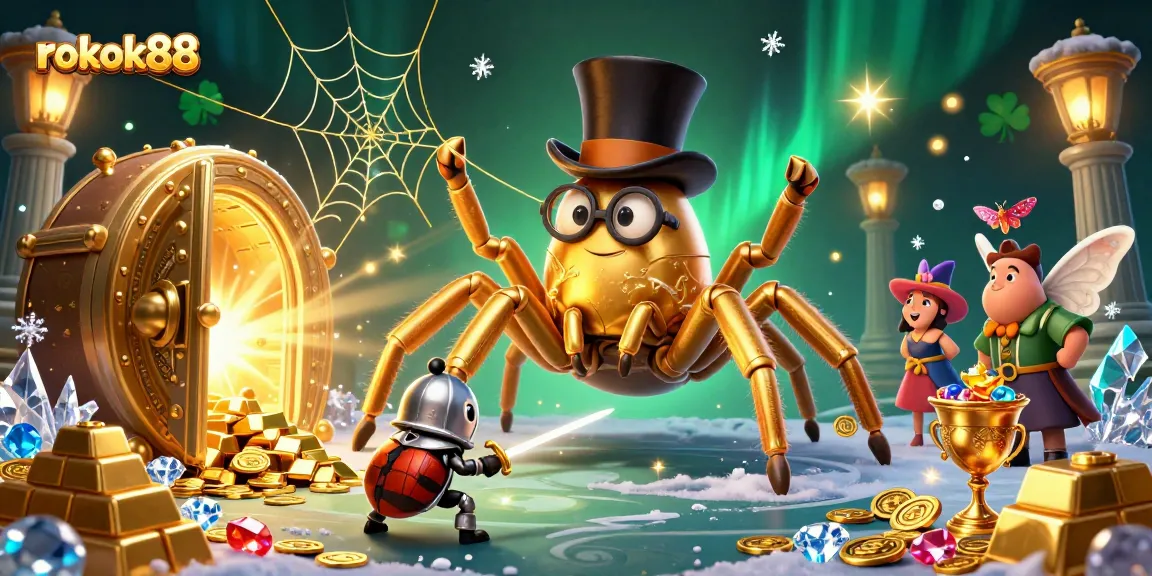 Engage in thrilling action with rokok88's dynamic gaming scene featuring a vibrant tarantula and beetle knights.