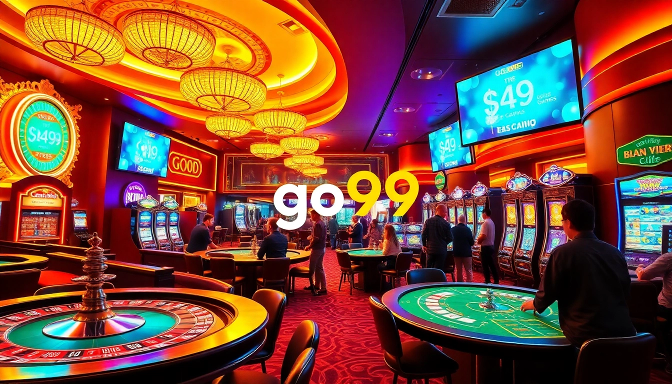 Players enjoy the excitement of go99 at a luxurious casino with vibrant tables and slot machines.