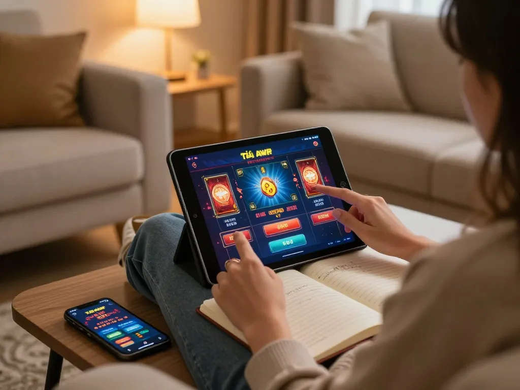 Tải App 98WIN displayed on a tablet while a player enjoys online gaming in a cozy living room.