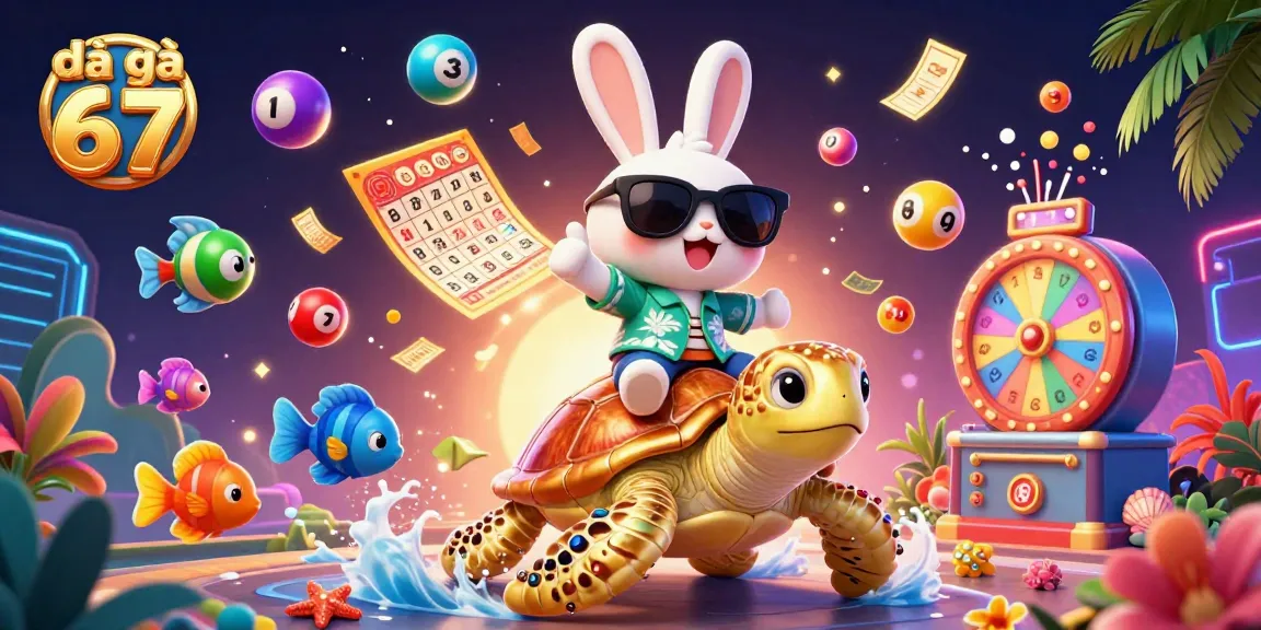 Engage with đá gà 67's dynamic 3D casino illustration featuring a lucky rabbit and golden sea turtle.