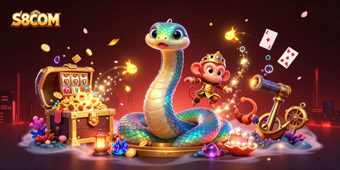 Engage with S8COM's thrilling slots and jackpot adventures in this vibrant digital illustration.