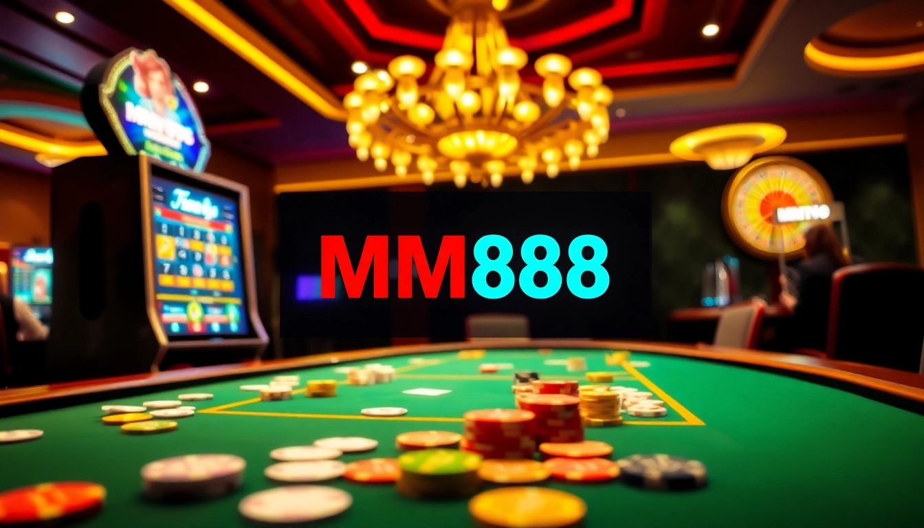 Engaging casino scene with MM88 logo, showcasing excitement in gambling.