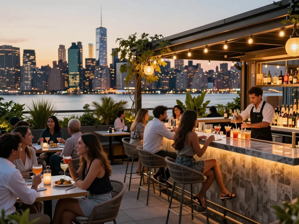 Rooftop bar scene at NoHu with skyline views, guests enjoying cocktails and appetizers.