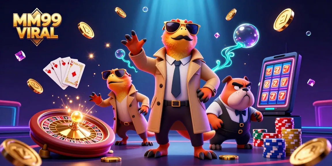 Engage with MM99 VIRAL in this vibrant casino scene with raptors, coins, and games.