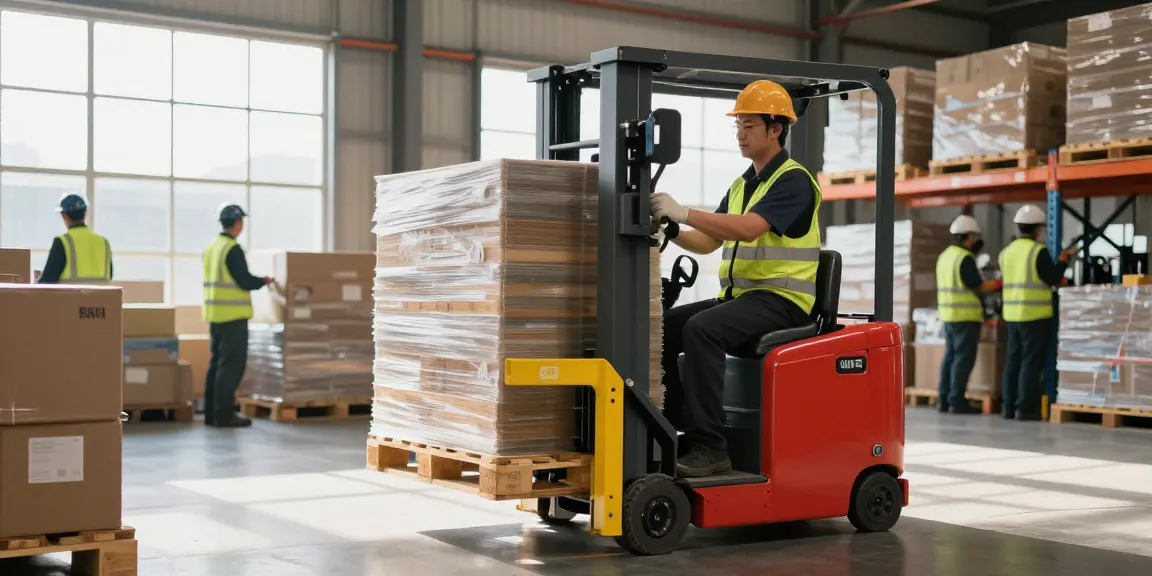 Efficient electric stacker lifting pallets in a busy warehouse setting