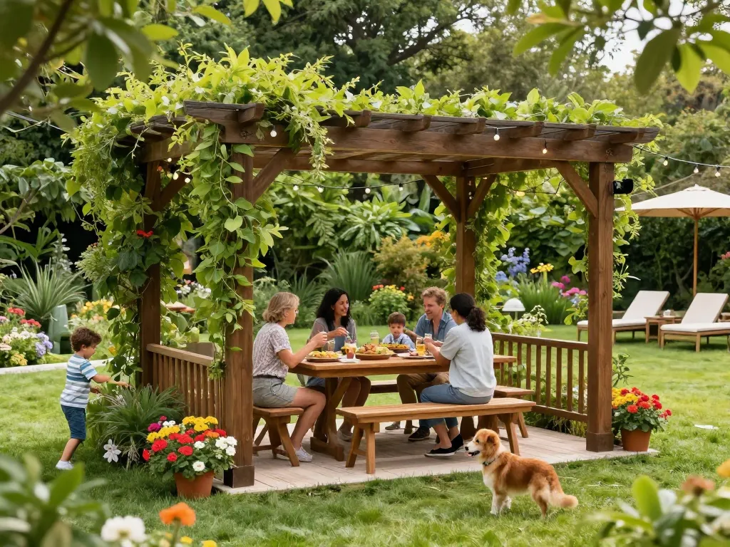 Beautiful garden scene showcasing a 3D pergola with family dining, vibrant flowers, and summer atmosphere.