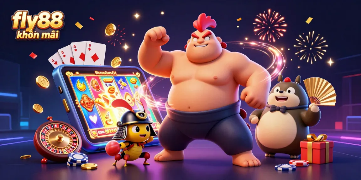 Experience fly88 khuyến mãi with this vibrant 3D illustration showcasing exciting casino game elements like smartphones and slot games.