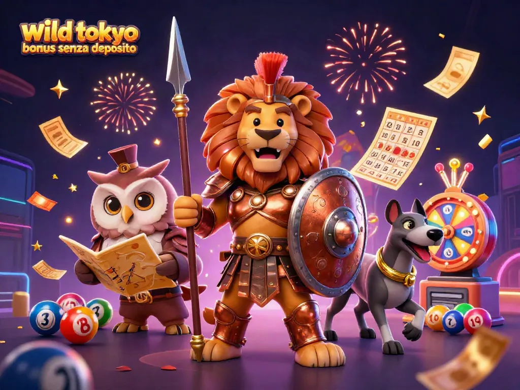 Celebrate wild tokyo bonus senza deposito with vibrant gaming elements and characters in 3D illustration.