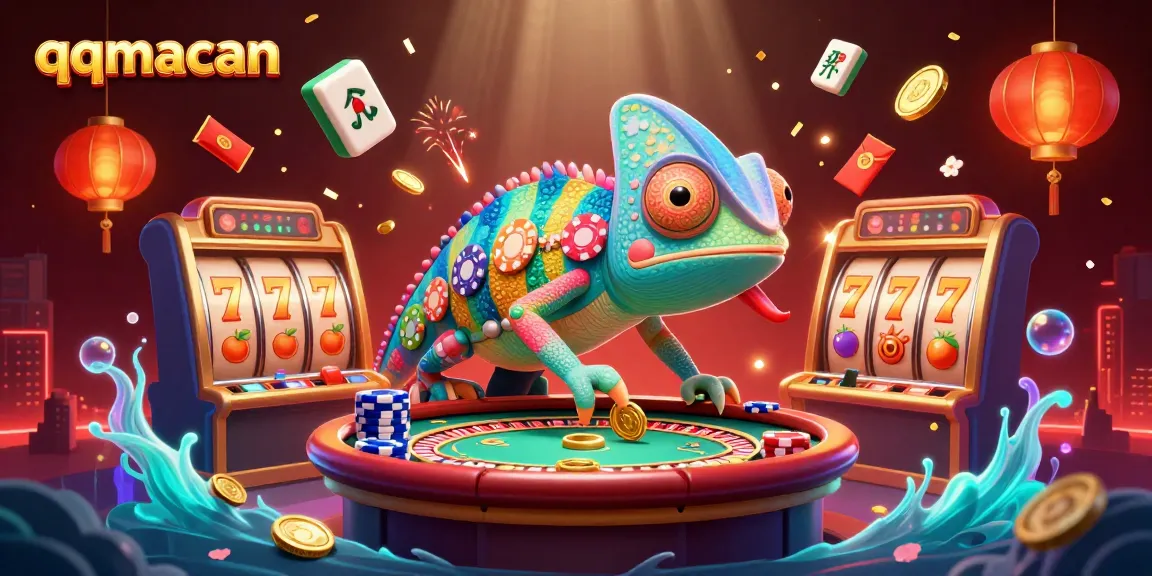 Experience winning action with qqmacan slots, featuring vibrant symbols and dynamic chameleon character.