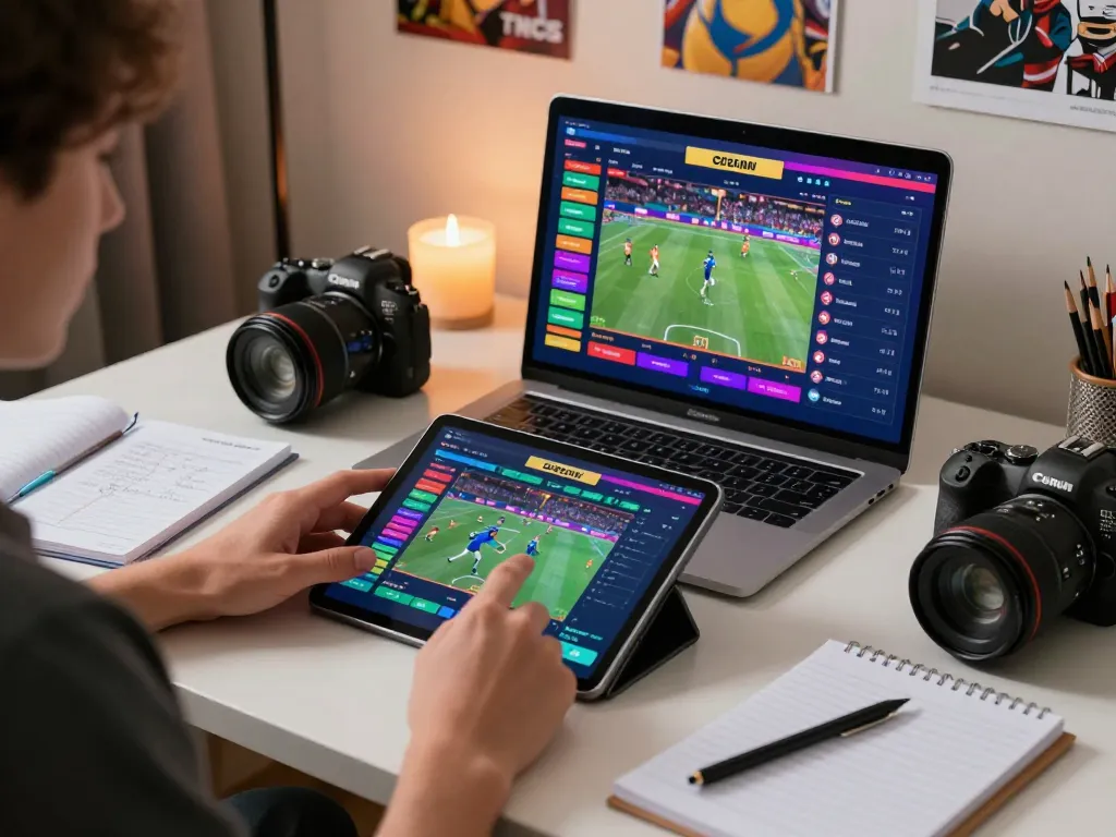 Live sports betting action showcasing tỷ lệ kèo on a tablet, highlighting strategic analysis and engagement