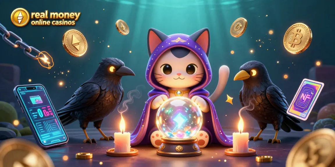 Engage with top real money online casinos through an enchanting illustration of a mystical gambling scene.