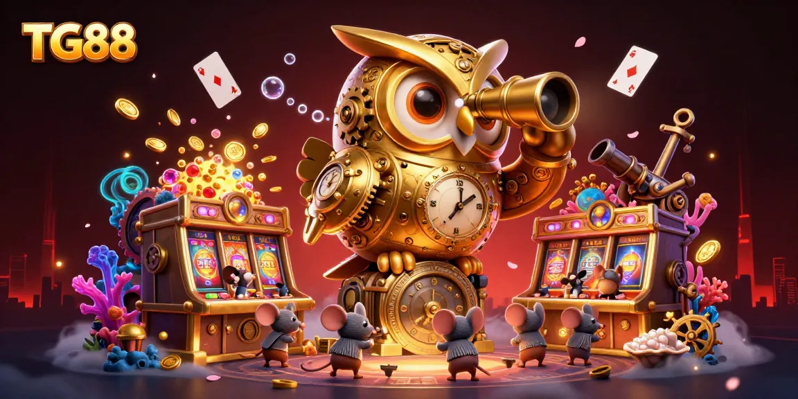 Engage with the enchanting scene at TG88, showcasing a playful clockwork owl and lively mouse gamblers among dazzling slot machines.