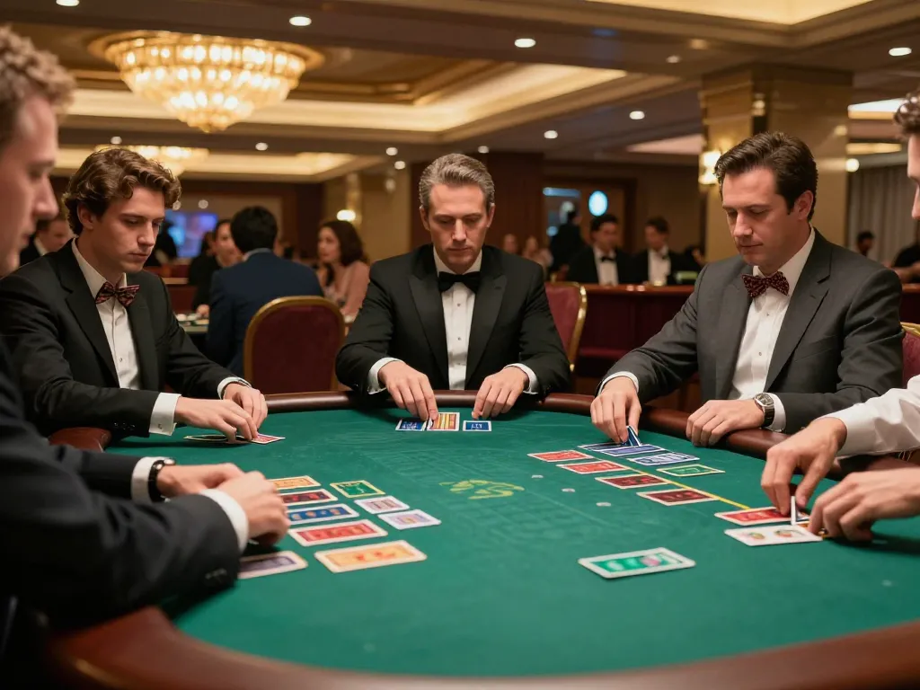 Players strategizing at a net88 blackjack table in a luxurious casino setting.