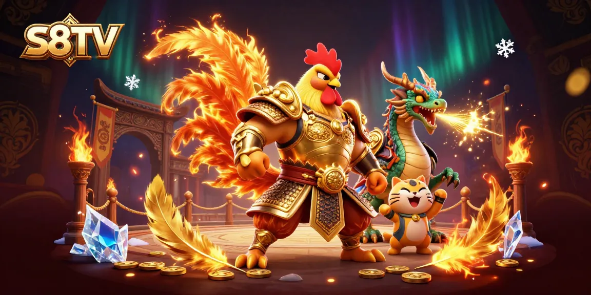 S8TV showcases thrilling live cockfighting action amid dynamic golden sparks and festive decorations.