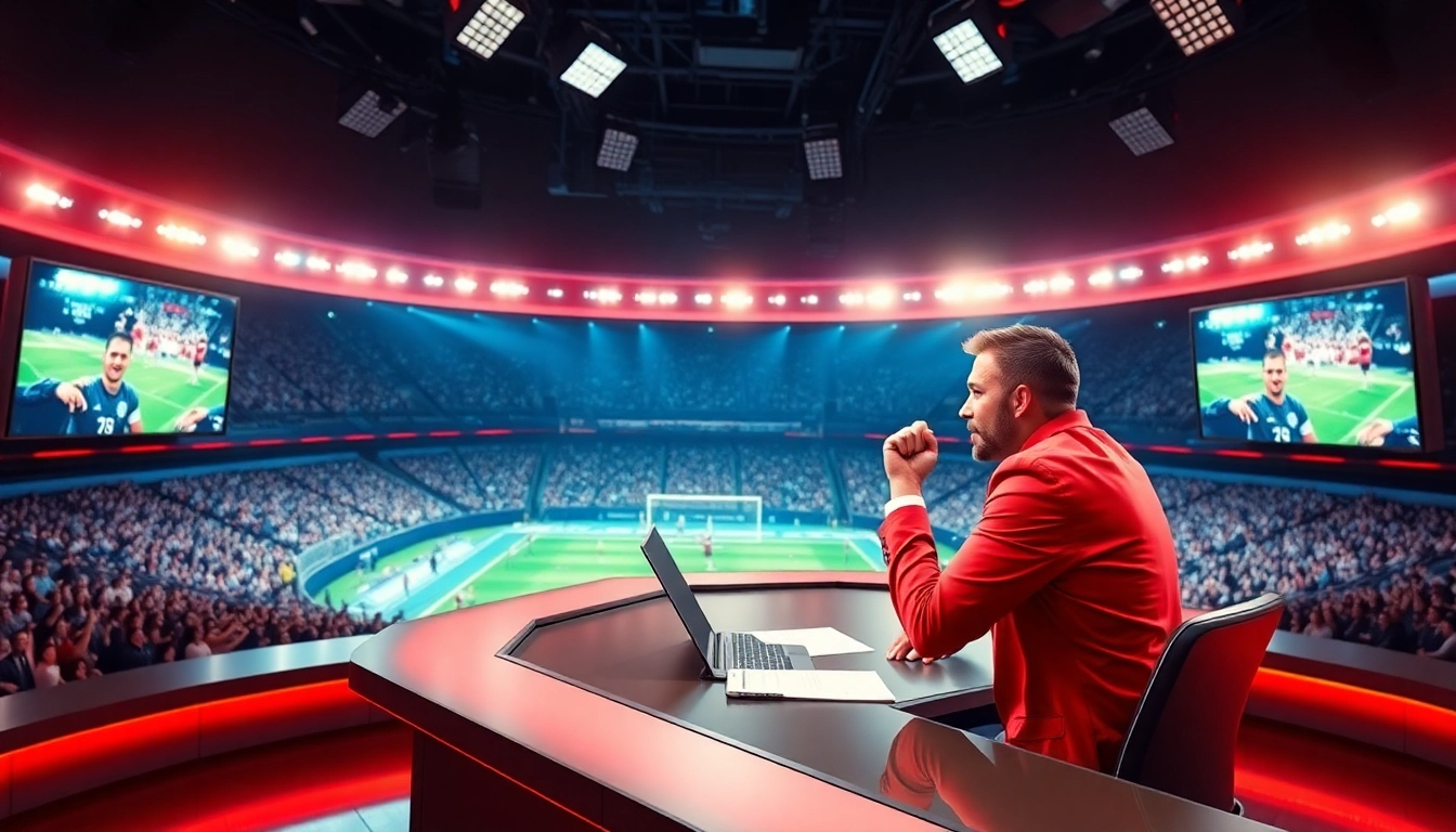 Engaging sports broadcasting setup showcasing a vibrant studio with screens and announcer.
