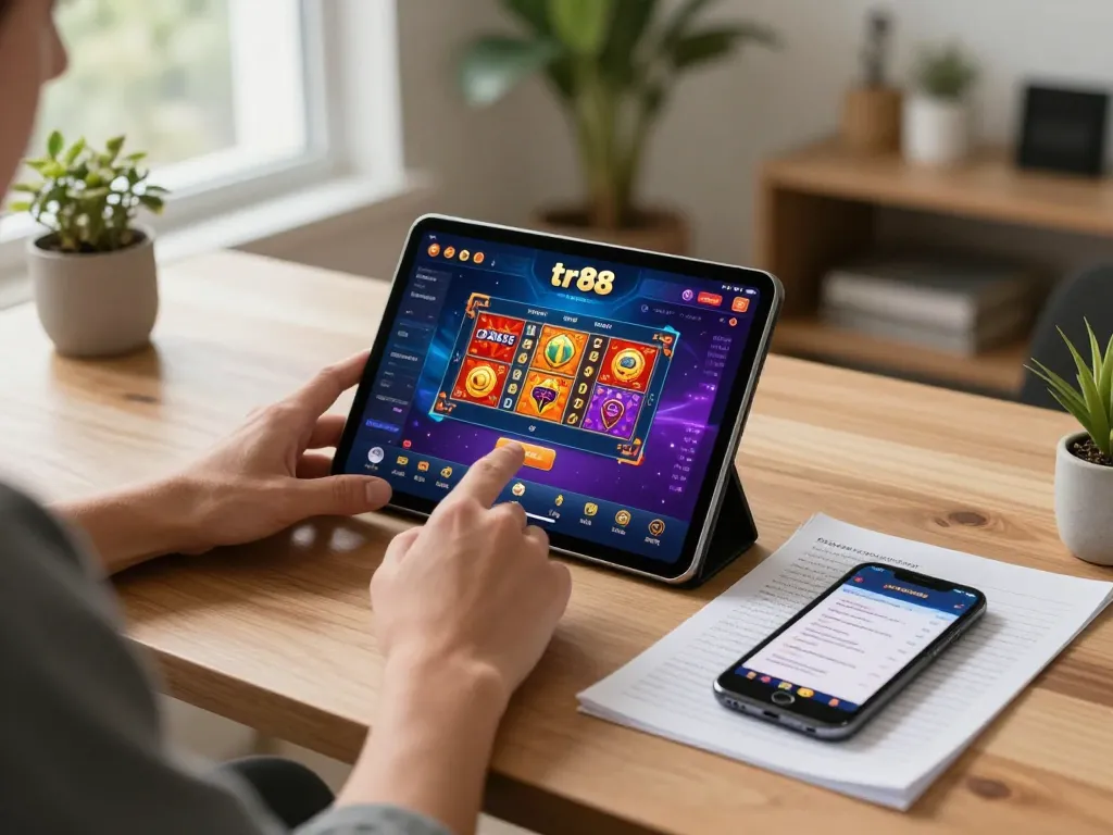 Person enjoying mobile gaming experience on tr88 tablet in a stylish home office