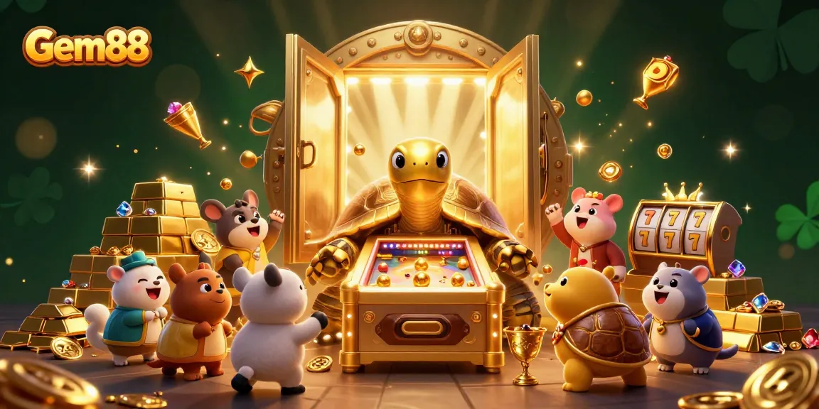 Experience thrilling gameplay at Gem88 with a vibrant 3D scene of exciting slot machines, treasures, and animated characters.