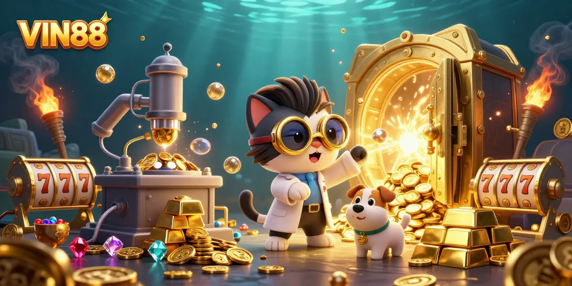Win big with VIN88 as a 3D cartoon scientist creates a gold-coin machine in a vibrant casino.