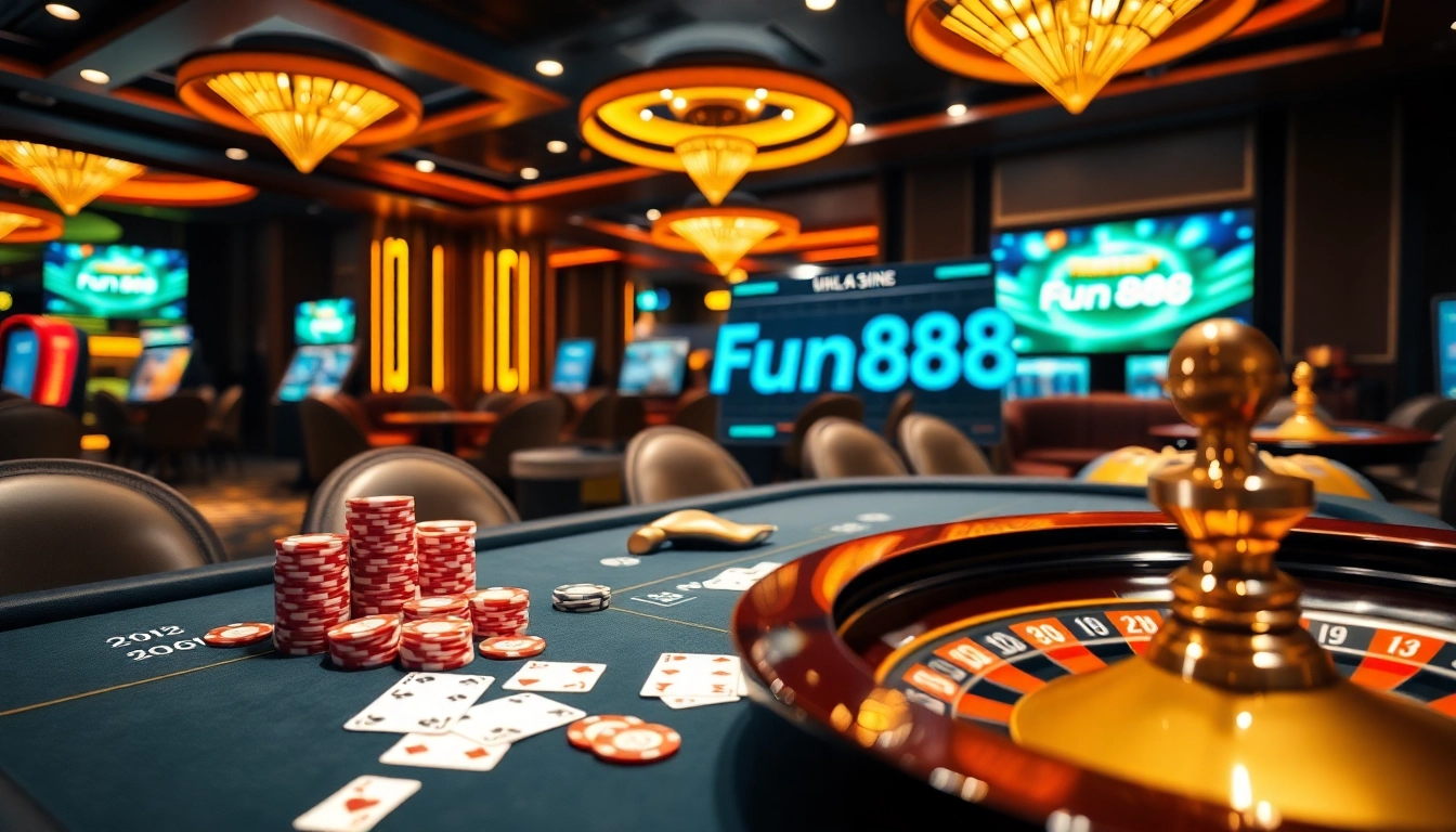 Engaging scene depicting the link fun88 within a luxurious casino, showcasing poker chips and roulette.