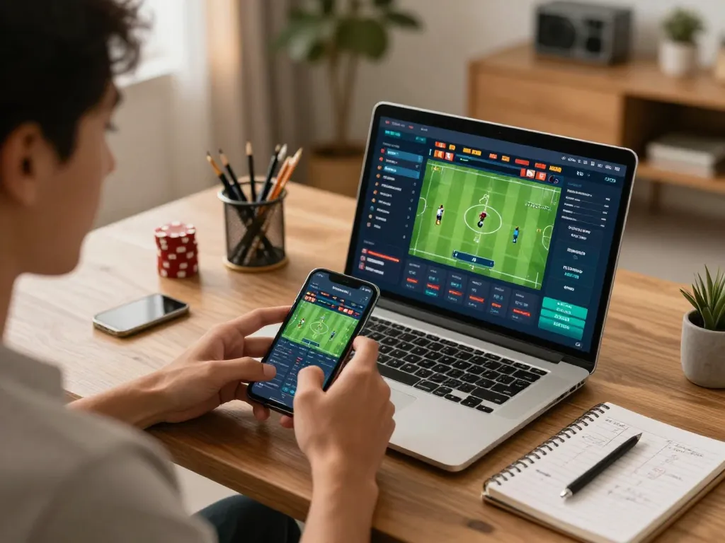 Engaging in sports betting on NK88 while focusing on strategies in a cozy home office.