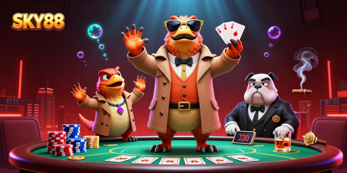 Experience action at SKY88's VIP casino with raptors in disguise among poker chips and cards.