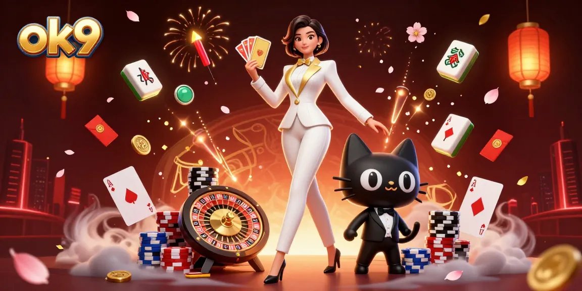 Experience the thrill at ok9 with a glamorous casino scene featuring a stylish dealer and dynamic gambling elements.