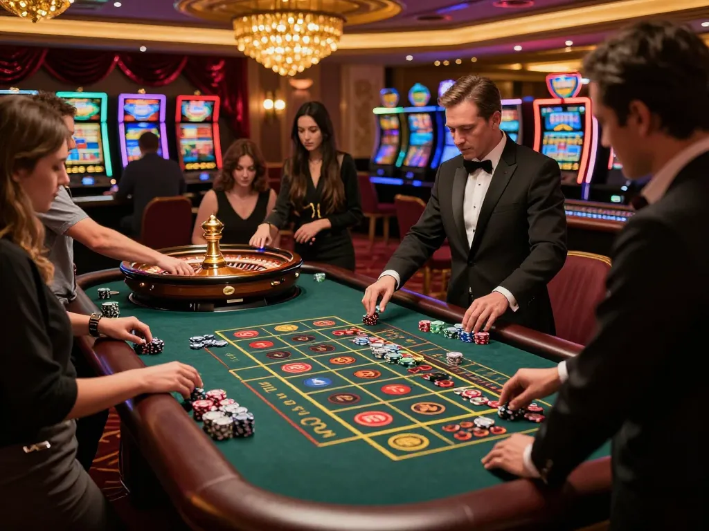 Experience thrilling gameplay at https://da88.navy/ with players excitedly betting at a roulette table in an upscale casino.