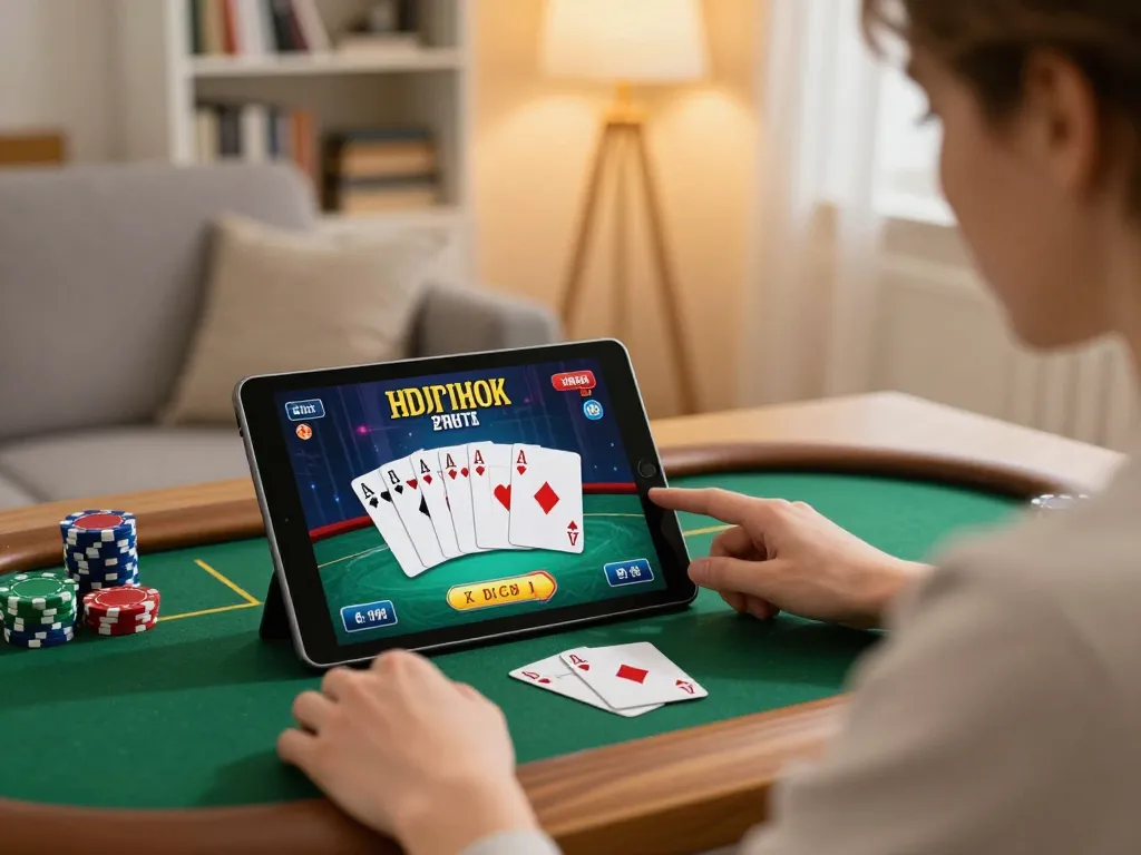 Player enjoying an online poker game on their tablet, highlighting open88k for immersive gaming experience.