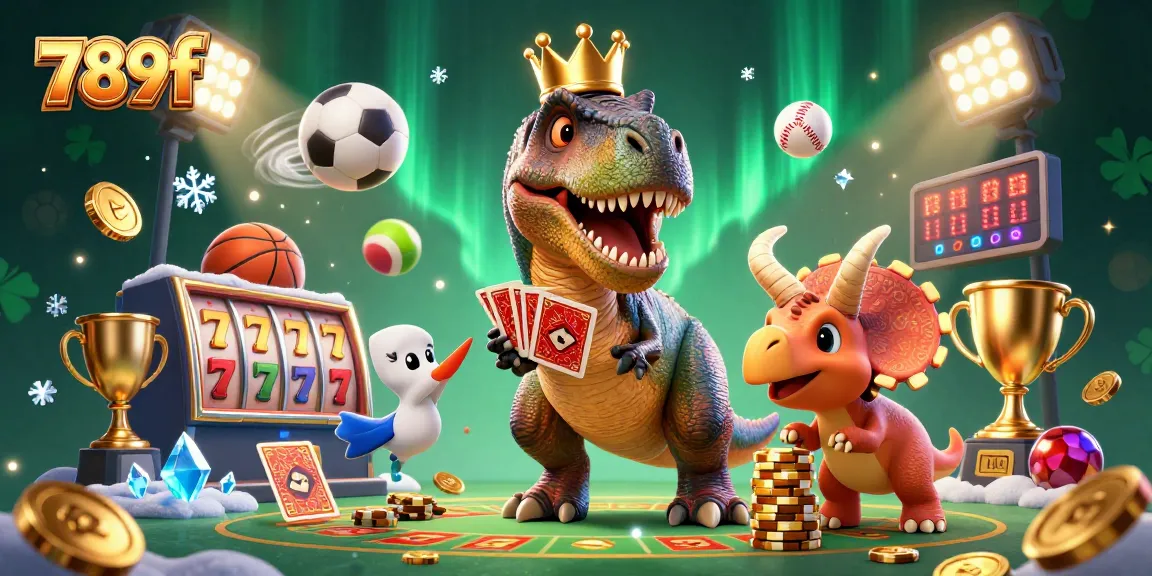 Engage with thrilling 789f games featuring a fun T-Rex and triceratops amid casino excitement.