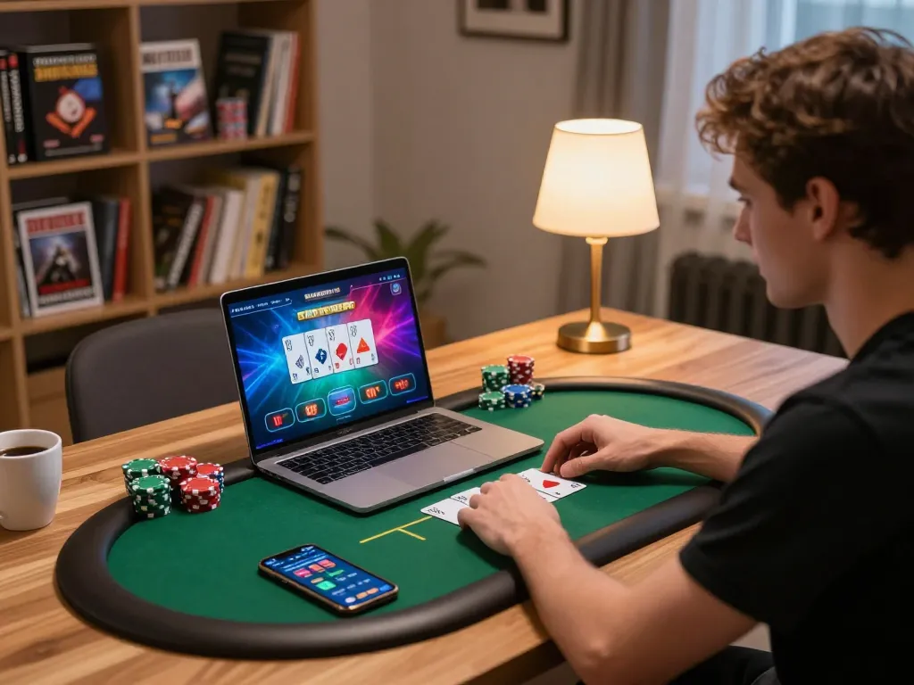 Player enjoying online tr88 poker game at home, showing a laptop and smartphone for betting.