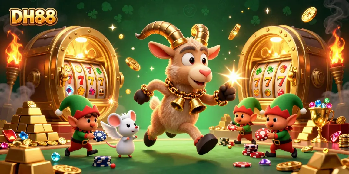 Engage with DH88's thrilling casino scene featuring a Krampus goat, angel mouse, and elf gremlins amidst slot machines.