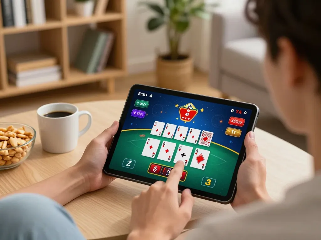 Engaging online blackjack gameplay on a tablet, showcasing 33win1 in a cozy home setting.