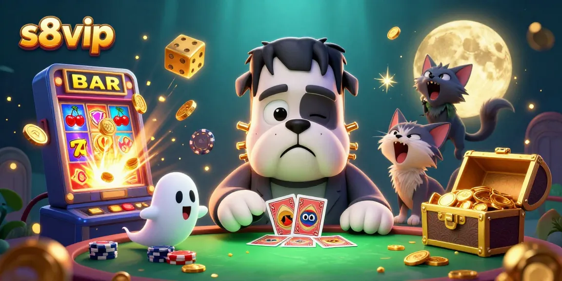 Engage in thrilling casino action with s8 vip as a Frankenstein bulldog deals cards amidst a colorful game scene.